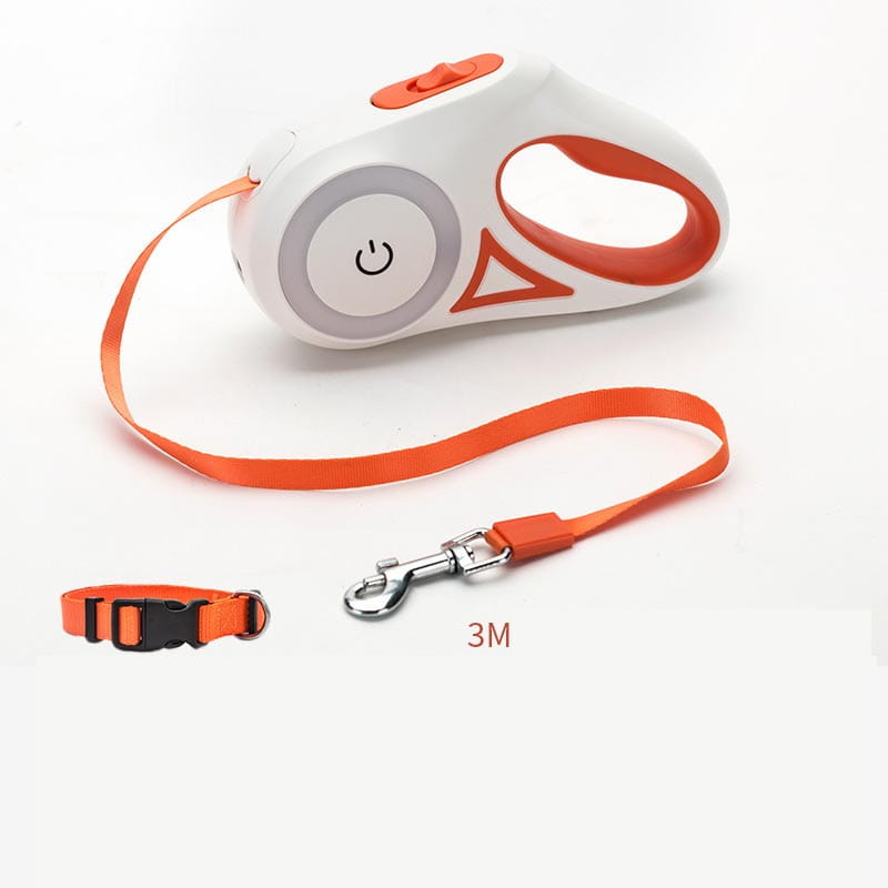 Laisse rétractable pour chien orange et blanche avec éclairage LED, bouton d’alimentation, pince pour collier orange, et longueur de 3 mètres dans un ensemble de collier.