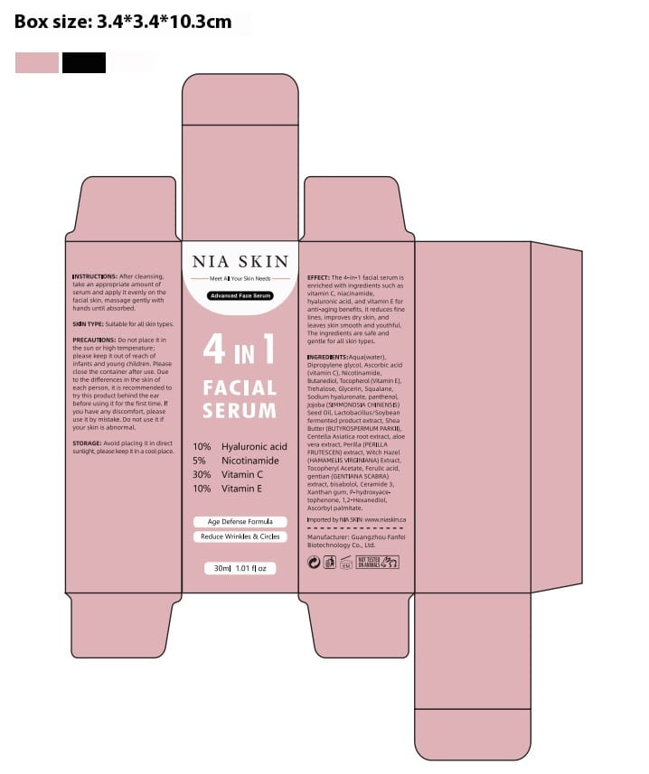 Rosafarbene Kartonverpackung für Nia Skin 4-in-1-Gesichtserum mit Vitamin C und Niacinamid, 30 ml Verpackung