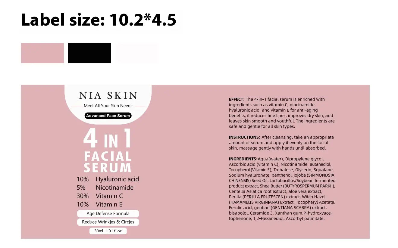 Nia Skin 4-in-1-Gesichtserum mit Vitamin C und Niacinamid in einem Design mit rosa-schwarzer Etikettierung, das Hyaluronsäure und Vitamin E für den Anti-Aging-Schutz umfasst, in einer 30-ml-Flasche.