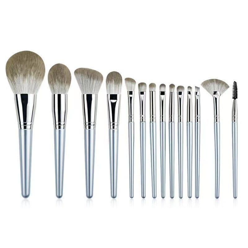 Makeup brush set with 15 silver pieces featuring silver-finished handles and soft light beige bristles for professional makeup application.