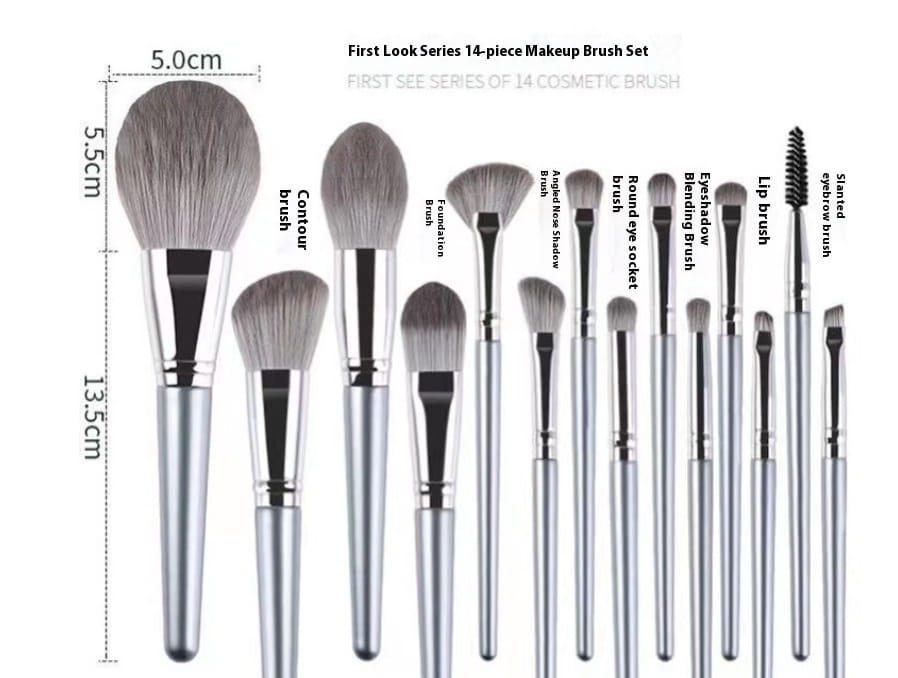 Makeup brush set with 15 silver pieces and case featuring silver-handled brushes with gray bristles including contour foundation and lip brushes.