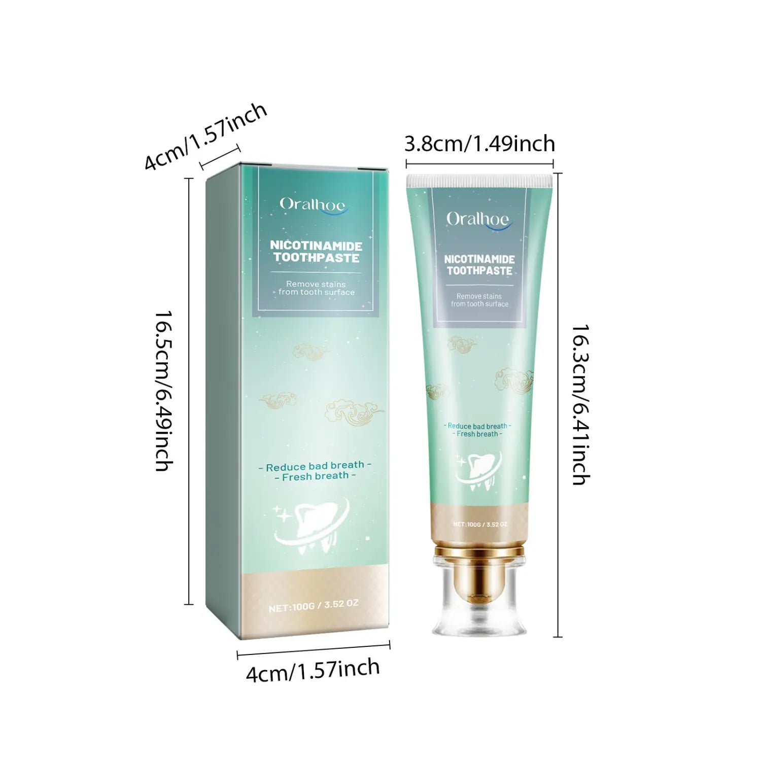 Oralhoe nicotinamide teeth whitening toothpaste stain removal presented in a sleek mint-green tube with gold accents alongside its matching rectangular box.