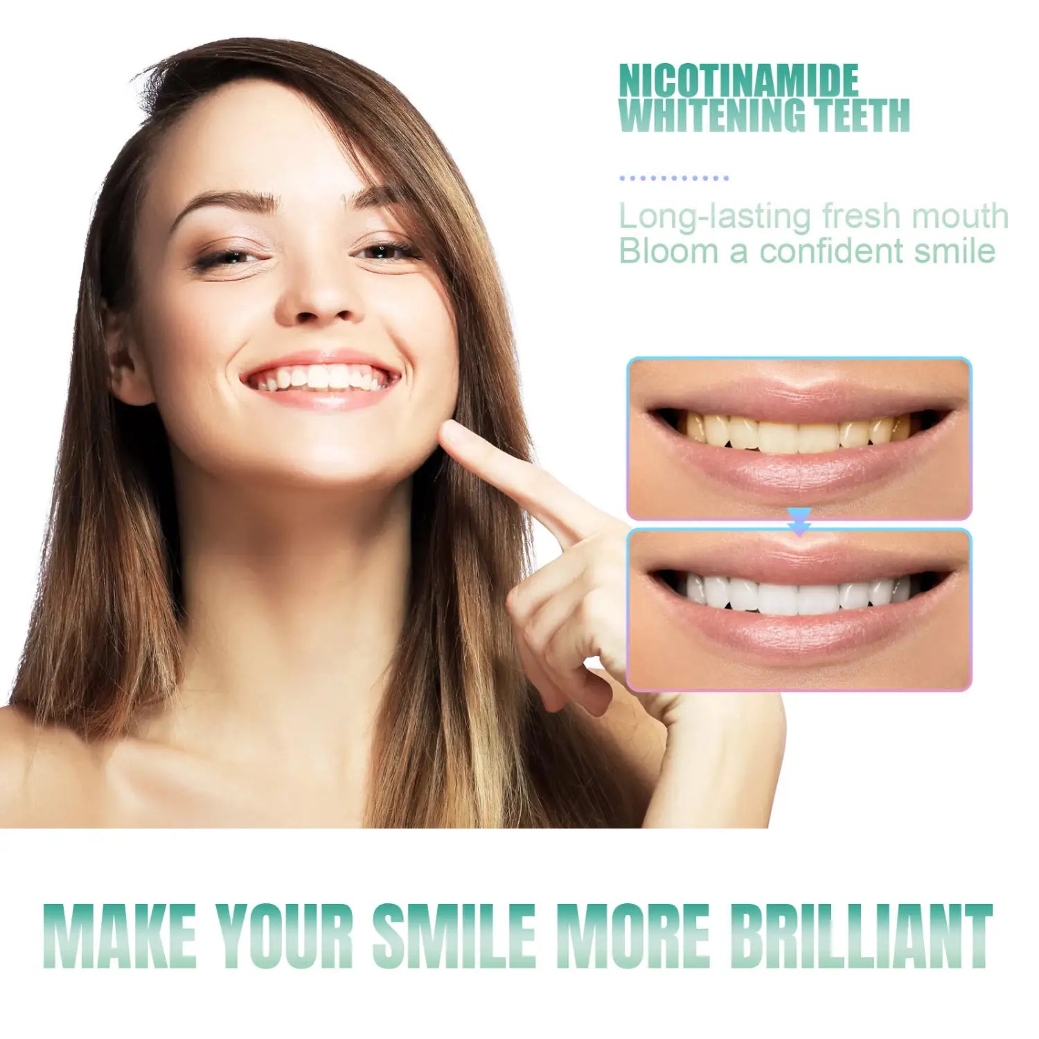 A woman with long brown hair smiling brightly before and after using nicotinamide teeth whitening toothpaste stain removal 100g.