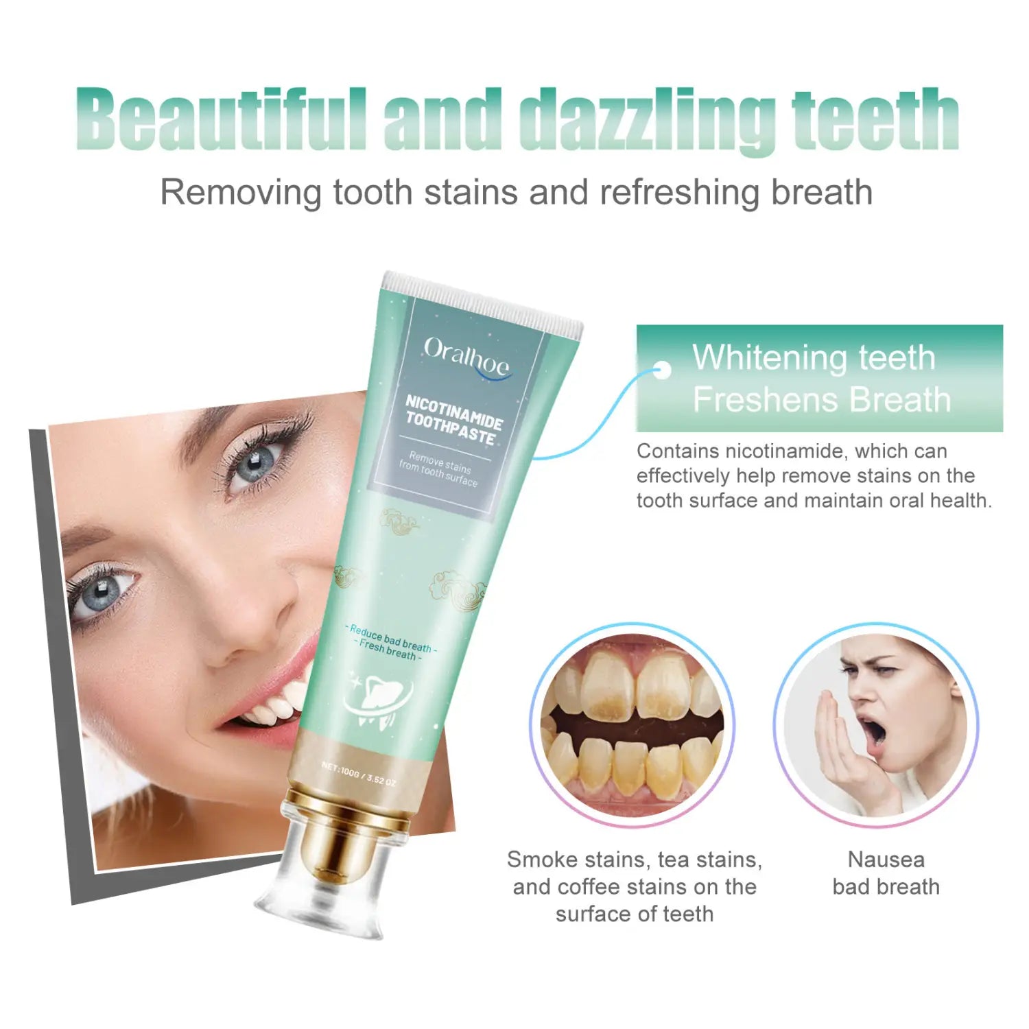 a sleek light green tube of oral-b nicotinamide teeth whitening toothpaste with a gold-colored cap and clear base for stain removal 100g
