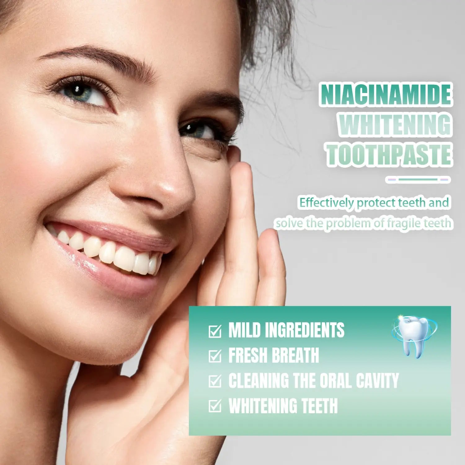 A woman with a bright smile showcasing white teeth using nicotinamide teeth whitening toothpaste stain removal 100g.
