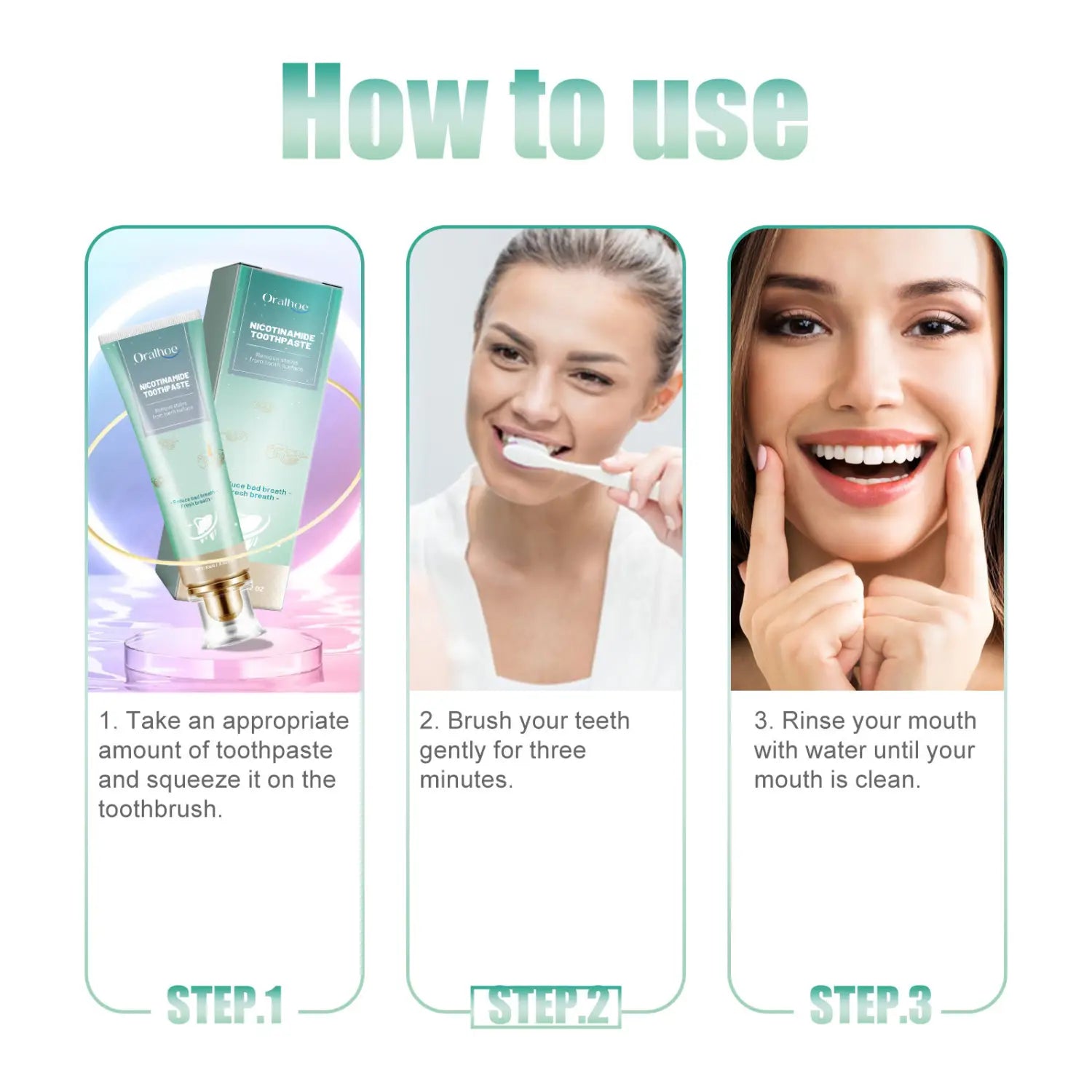 Teal and gold tube of oral-b nicotinamide teeth whitening toothpaste for stain removal 100g.