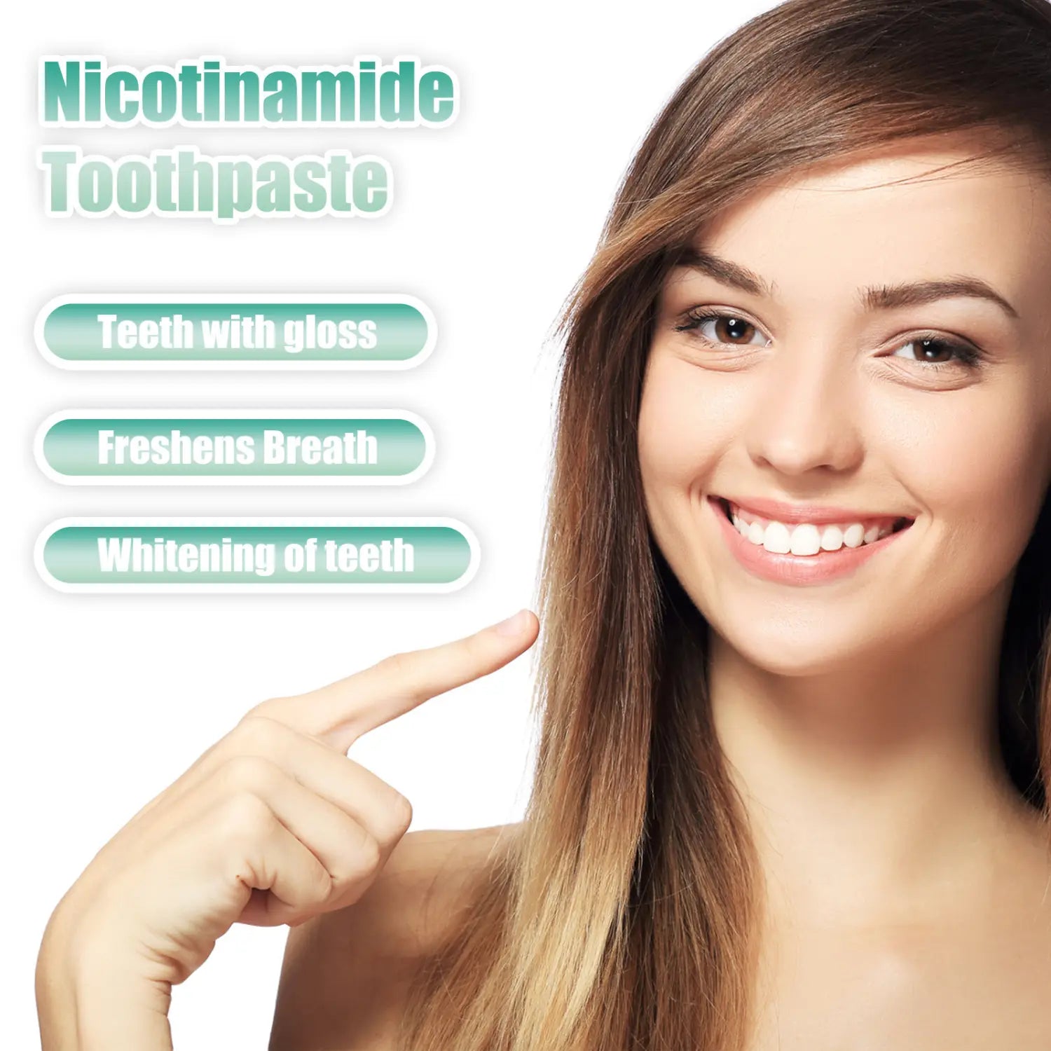 nicotinamide teeth whitening toothpaste stain removal 100g in a sleek white tube with green accents featuring bold text highlighting benefits for glossy teeth fresh breath and whitening
