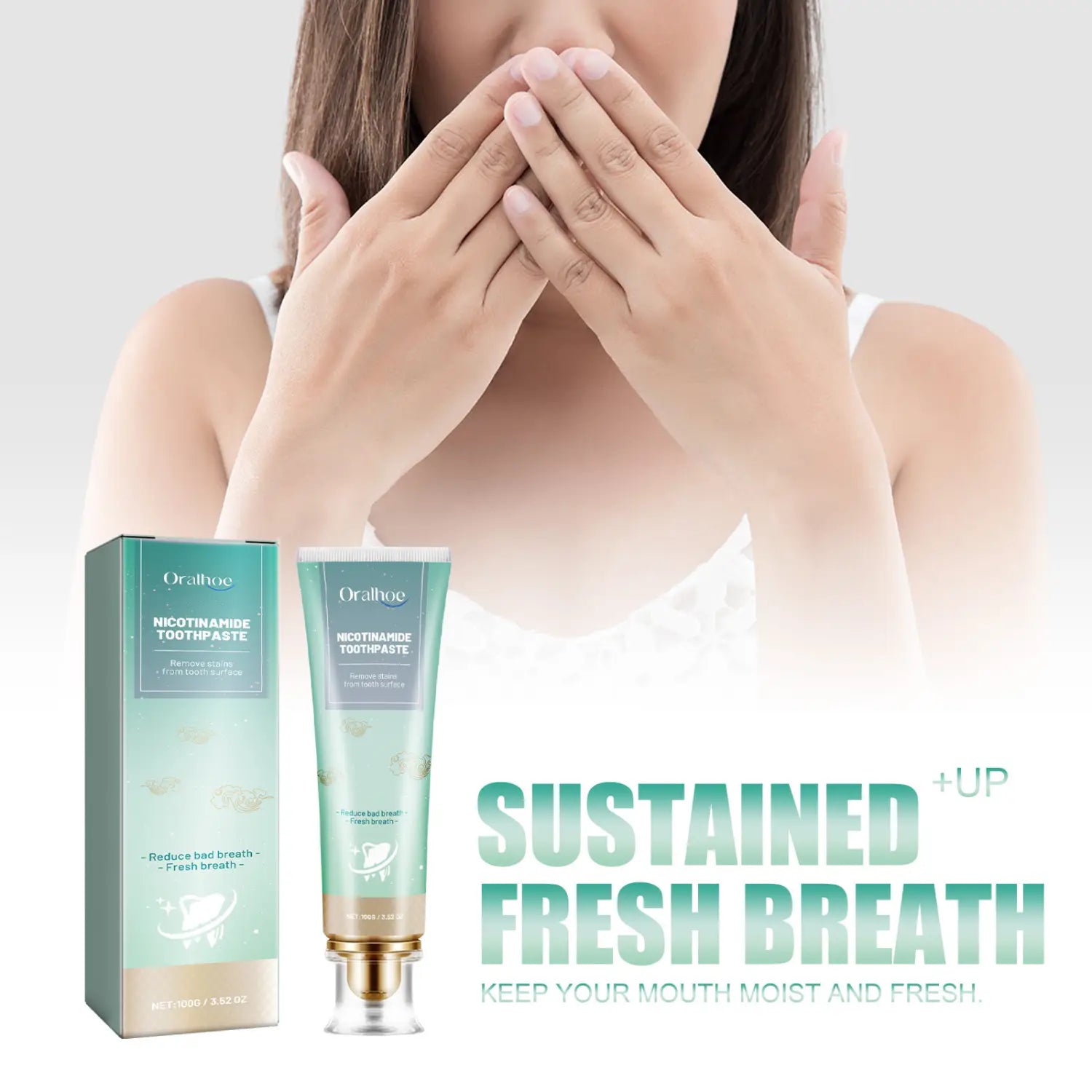 A sleek translucent green tube of nicotinamide teeth whitening toothpaste with a gold-colored cap and matching box for stain removal 100g.