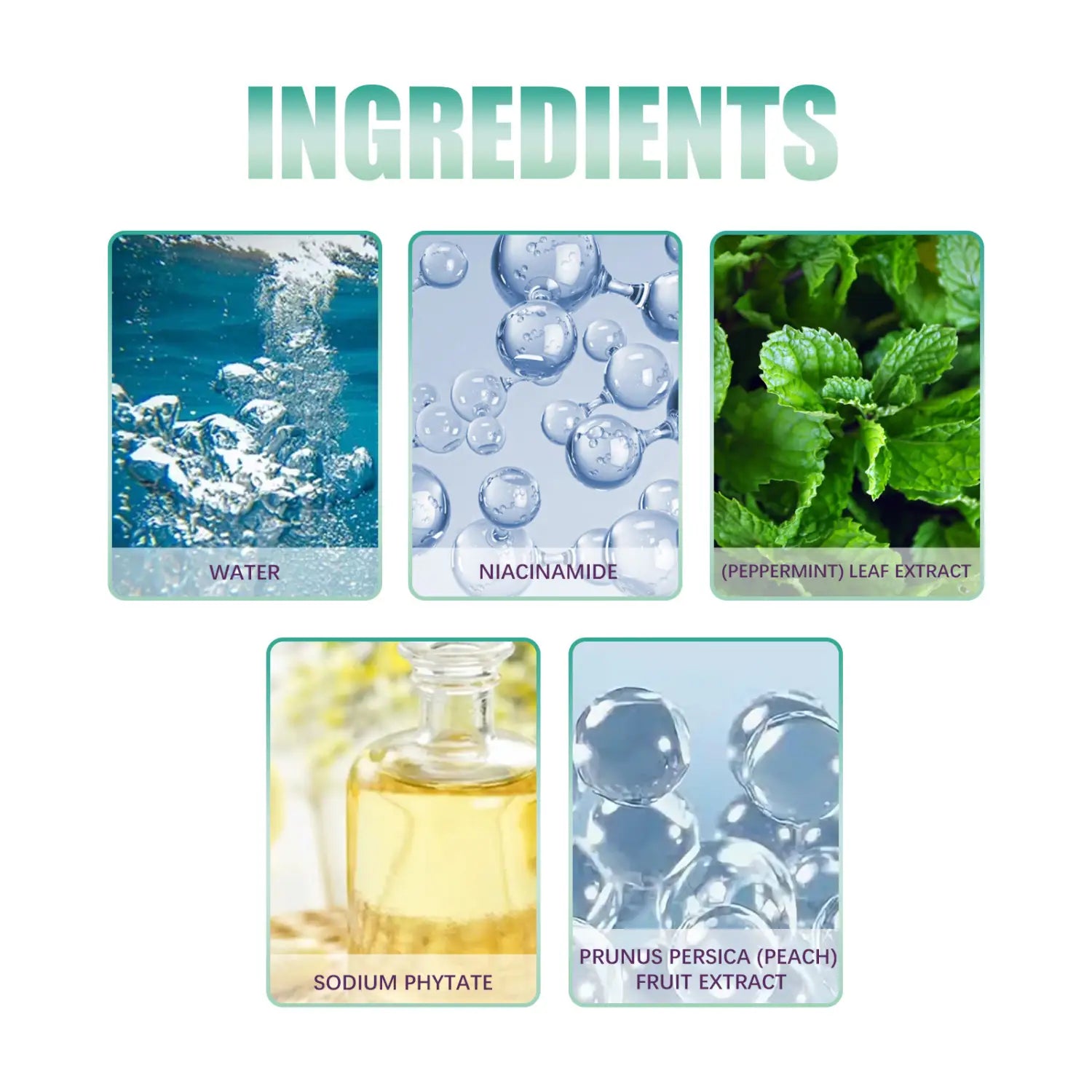 the back side of nicotinamide teeth whitening toothpaste stain removal 100g showing labeled ingredient panels including water, niacinamide, peppermint leaf extract, sodium phytate, and peach fruit extract.