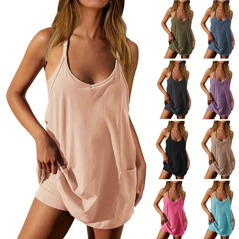 women solid pocket vest shorts set featuring a soft blush pink sleeveless romper with a relaxed fit and side pockets suitable for casual wear