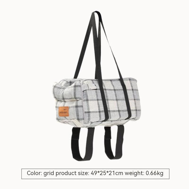 Gray and white plaid breathable fabric pet carrier bag with black adjustable straps for travel use