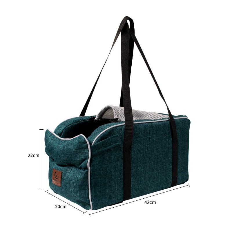 Teal textured fabric plaid pet carrier bag with breathable design black straps and white trim for travel use.