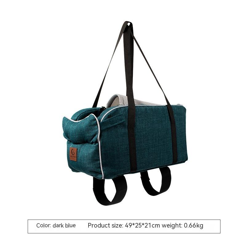 Dark blue breathable plaid pet carrier bag with black straps and white stitching for travel use.