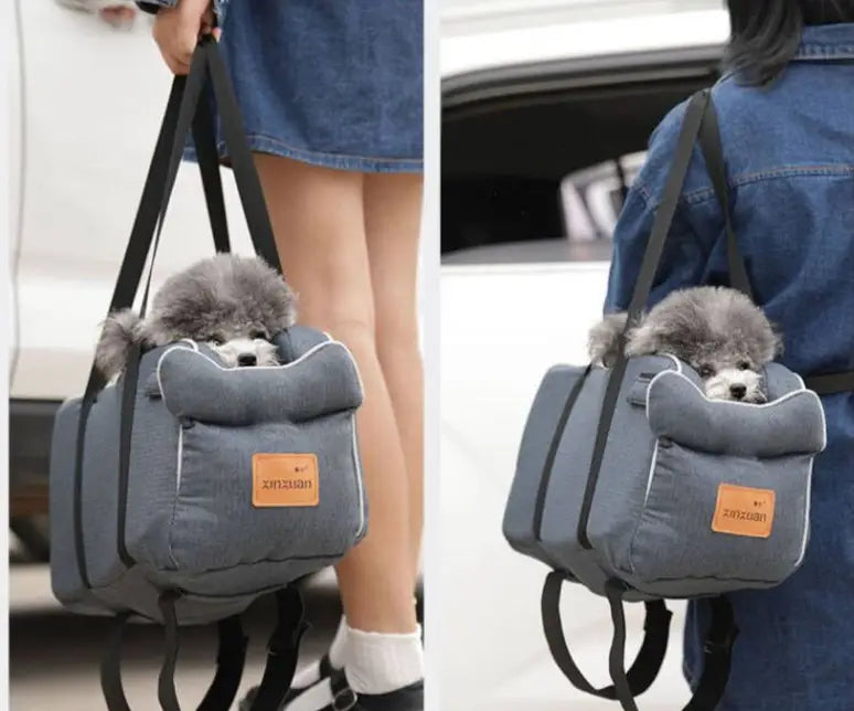 Gray fabric plaid pet carrier bag with black straps and a tan leather-like patch bearing the brand name zunzuan designed for breathable travel use.