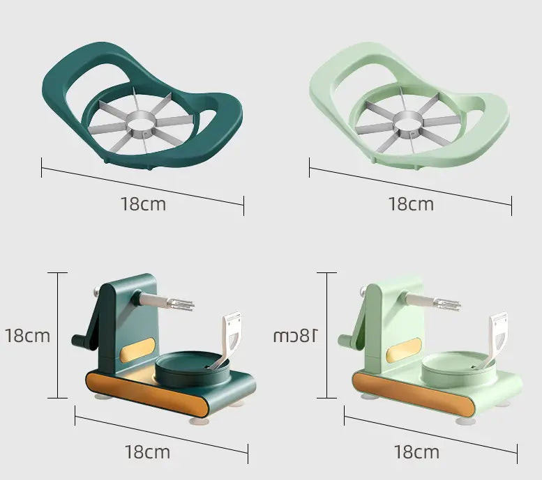 Multifunctional apple peeler and slicer tool kit featuring teal and mint green plastic bodies with stainless steel blades for efficient apple preparation.