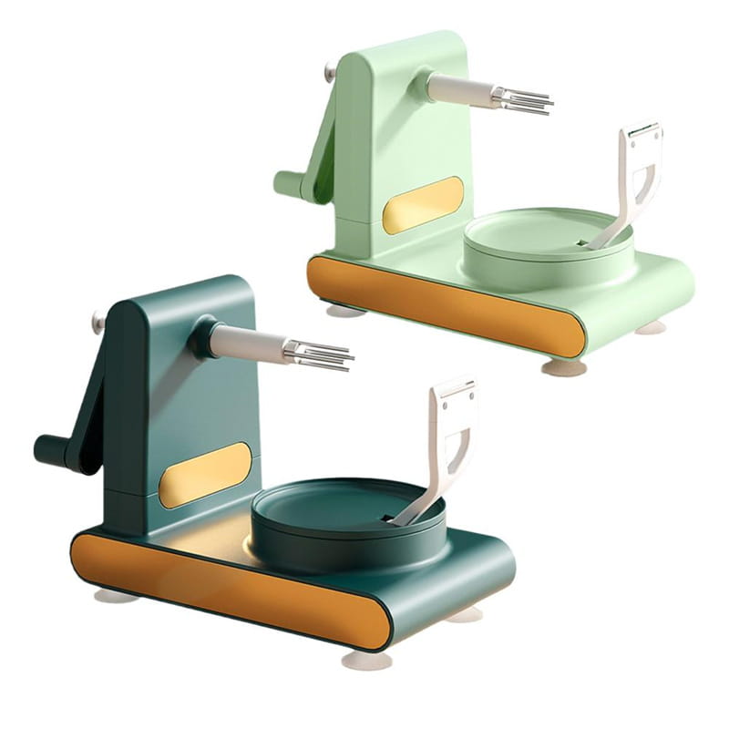 Two multifunctional apple peeler and slicer fruit corers in mint green and dark teal with gold metal accents for efficient fruit preparation.