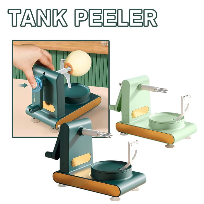 Multifunctional apple peeler and slicer tool kit featuring a teal and beige tank peeler with a hand-crank mechanism for effortlessly removing fruit and vegetable skins.