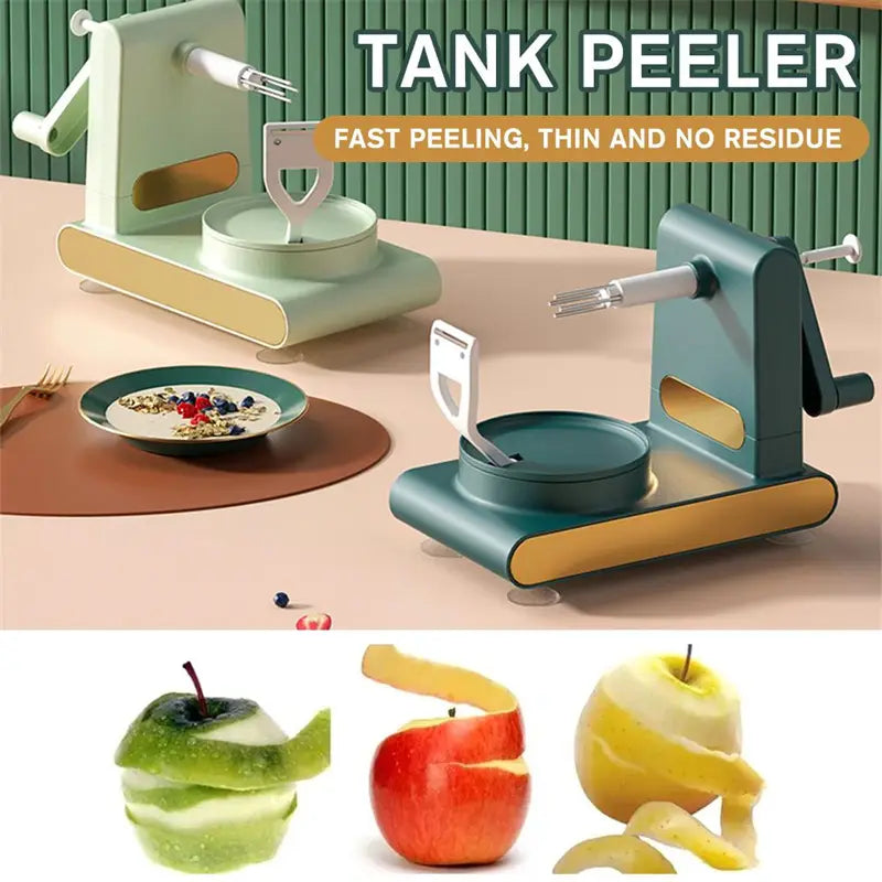 two sleek multifunctional apple peeler and slicer tank tools in mint green and teal with gold accents designed for efficient fruit preparation