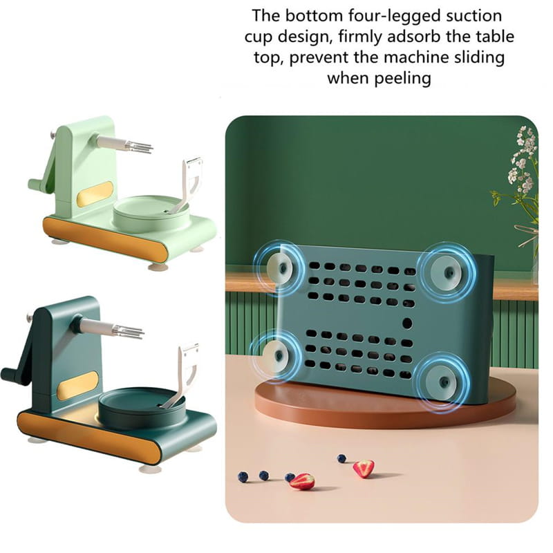 Multifunctional apple peeler and slicer tool kit in mint green and dark teal with an orange base featuring four suction cups for stable placement.