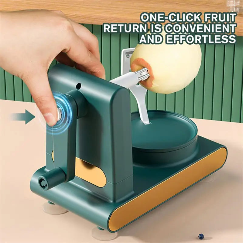 Multifunctional apple peeler and slicer tool kit featuring a teal and gold one-click fruit peeler with a sleek modern design.