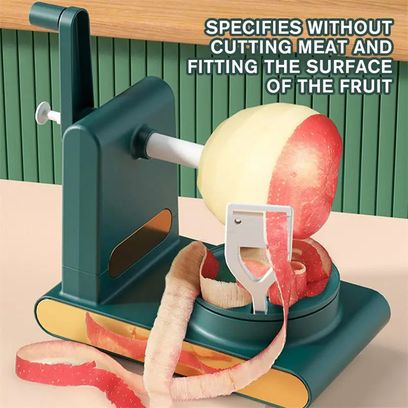 Multifunctional apple peeler and slicer tool kit with a dark green and yellow peeler featuring a white handle designed for effortless fruit peeling without cutting the meat or fitting the surface of the fruit.