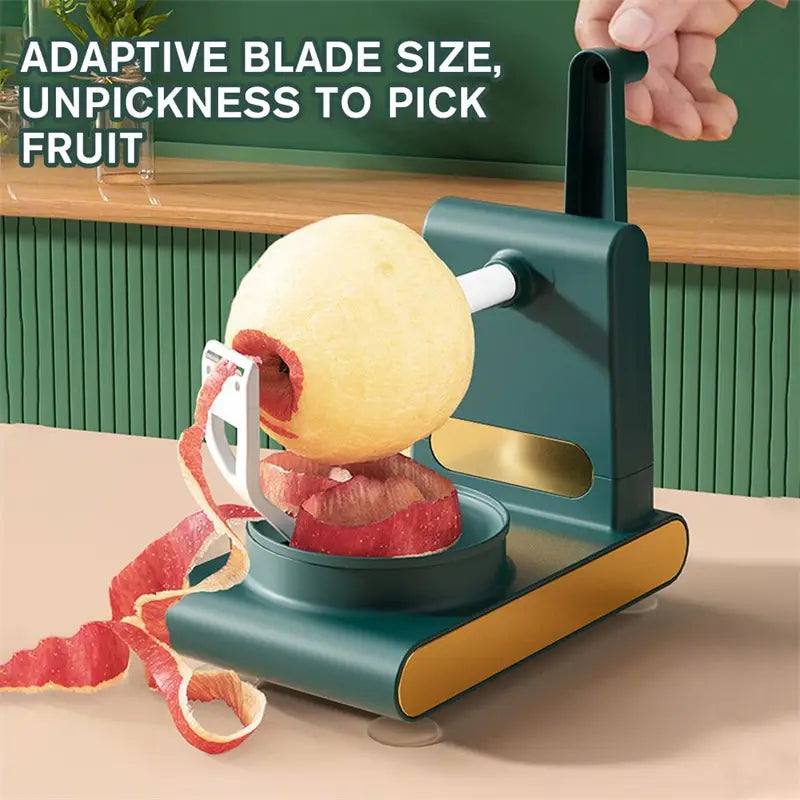 Multifunctional apple peeler and slicer tool kit in teal and gold featuring an electric design with an adaptive blade for effortless fruit peeling.
