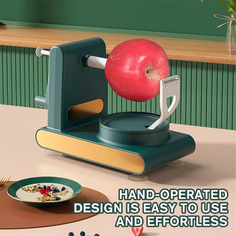 Multifunctional apple peeler and slicer tool kit featuring a teal and gold hand-operated metal apple peeler with a red apple mounted on its rotating arm.