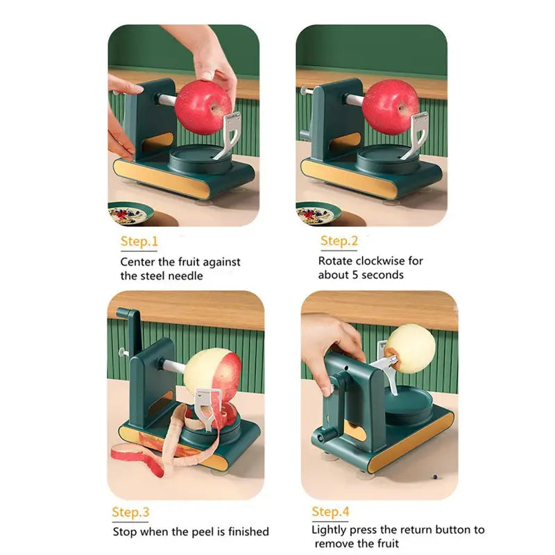 Multifunctional apple peeler and slicer tool kit featuring a dark green and beige countertop design with a rotating mechanism for easy hands-free fruit preparation.