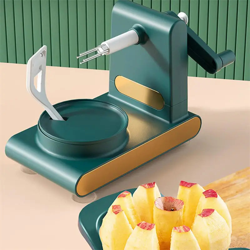Multifunctional apple peeler and slicer tool kit in teal and gold featuring a crank handle and built-in knife mechanism for efficient peeling and slicing.