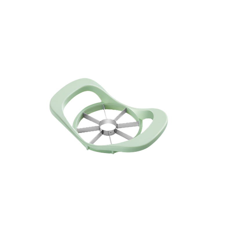 Light green plastic multifunctional apple peeler and slicer tool kit with a stainless steel cutting wheel.