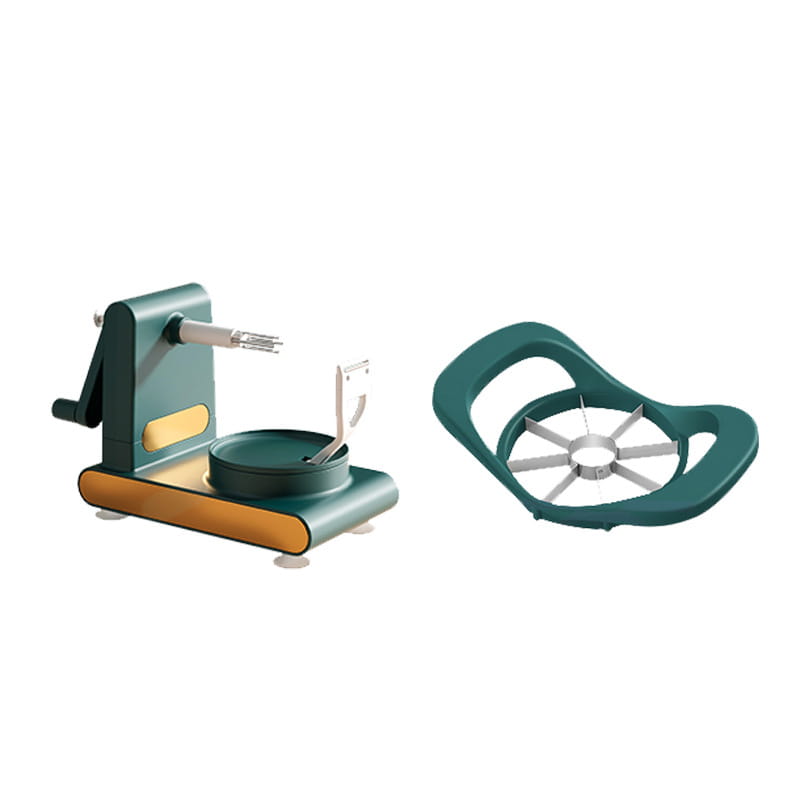 Multifunctional apple peeler and slicer tool kit featuring a teal and gold hand-crank apple slicer with a detachable star-shaped cutting blade.