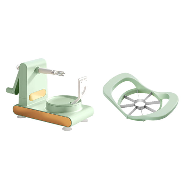 Mint green multifunctional apple peeler and slicer tool kit featuring a wooden base and stainless steel blades for efficient fruit preparation.