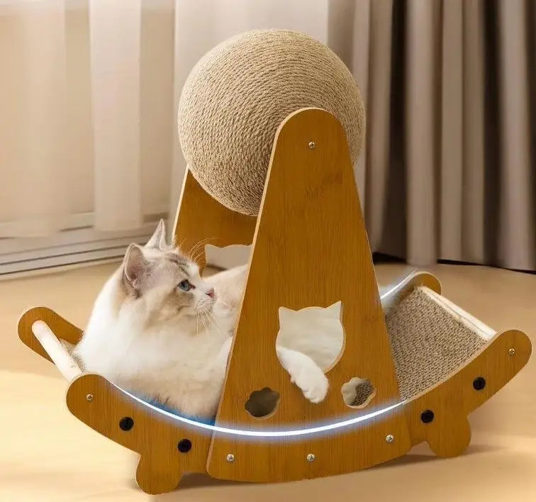 Tablero rascador de gatos de cáñamo (sisal) de madera para nido y poste con superficie de rascado curvada, bola esférica de cáñamo (sisal) y recortes decorativos con silueta de gato.