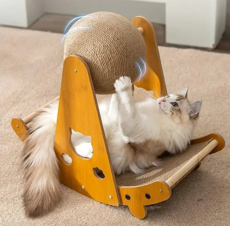 Tablero rascador de gatos de madera color amarillo con bola de cáñamo (sisal) beige texturizada en la parte superior y superficie de rascado a juego debajo para el tablero rascador de cáñamo (sisal) para gatos, nido y poste.