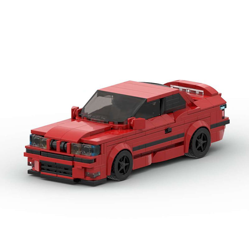 Modèle rouge en briques Lego d’une voiture de sport E36 modifiée, constituée de 509 pièces, avec roues noires et détails, destinée à un jouet collectionnable.