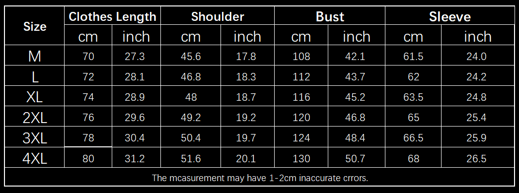 Size chart for men winter hooded parka coat showing measurements in centimeters and inches for sizes medium to 4XL.