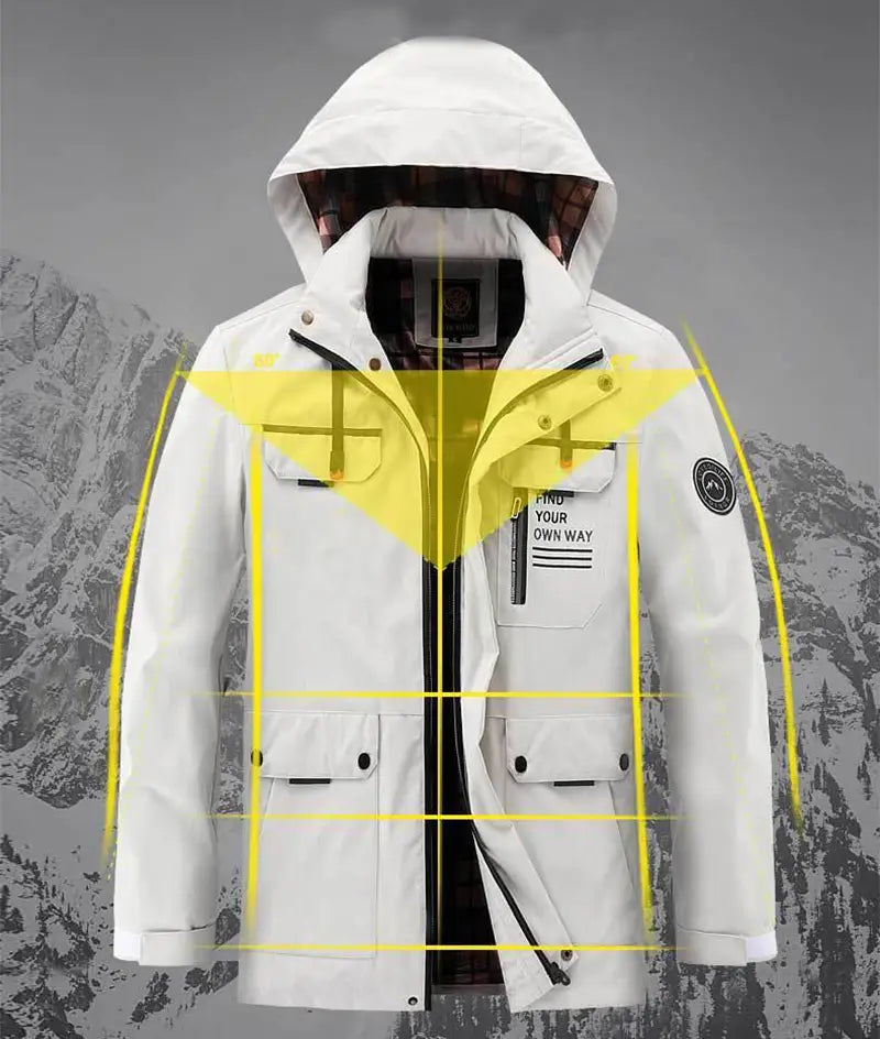 Men winter hooded parka coat in white with a plaid-lined interior, front zipper closure, and multiple pockets with black button accents.