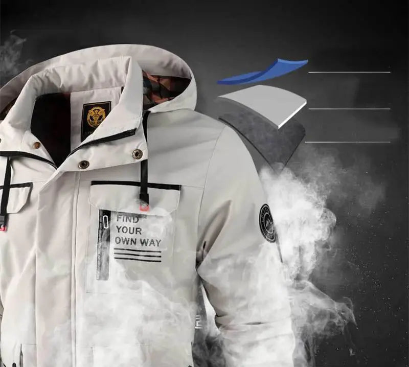 Men winter hooded parka coat in white with black trim, featuring a front pocket embroidered with find your own way and branded patches on the collar and sleeve.