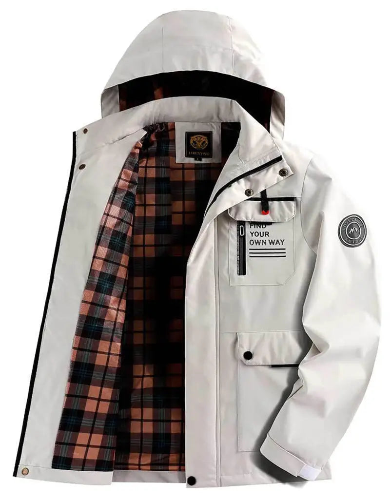 Men winter hooded parka coat in white with a hooded design, plaid interior lining, and black trim details.