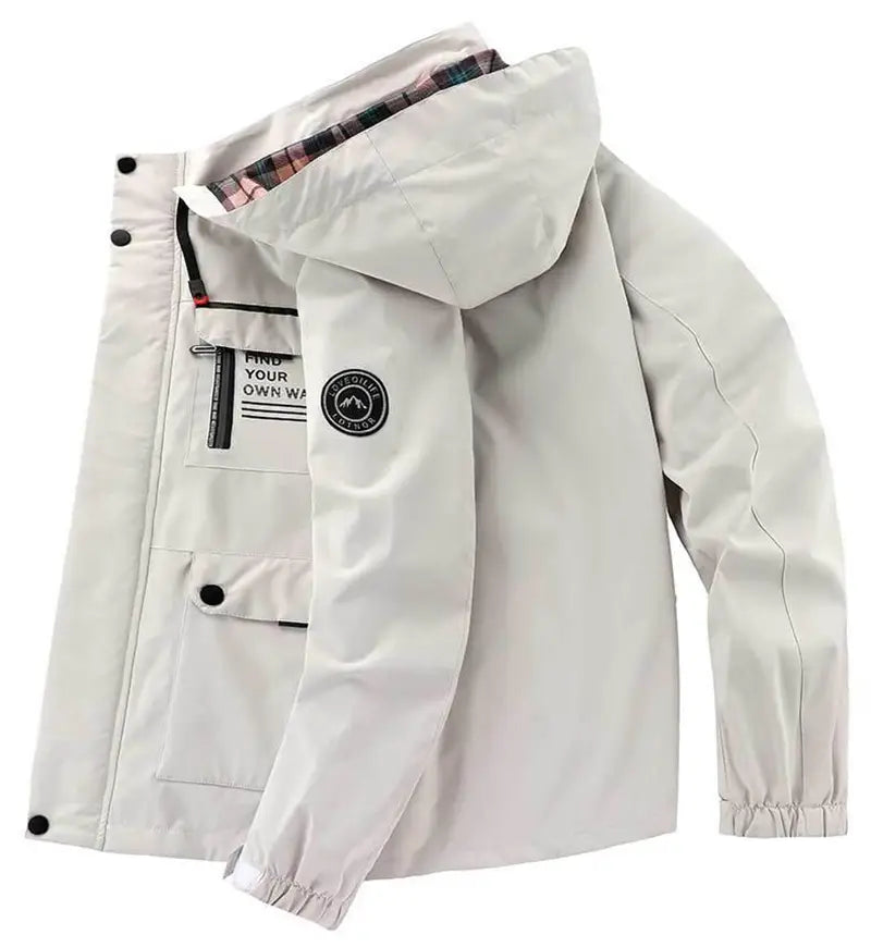 Men winter hooded parka coat in light gray waterproof material with a plaid-lined hood and black button accents.