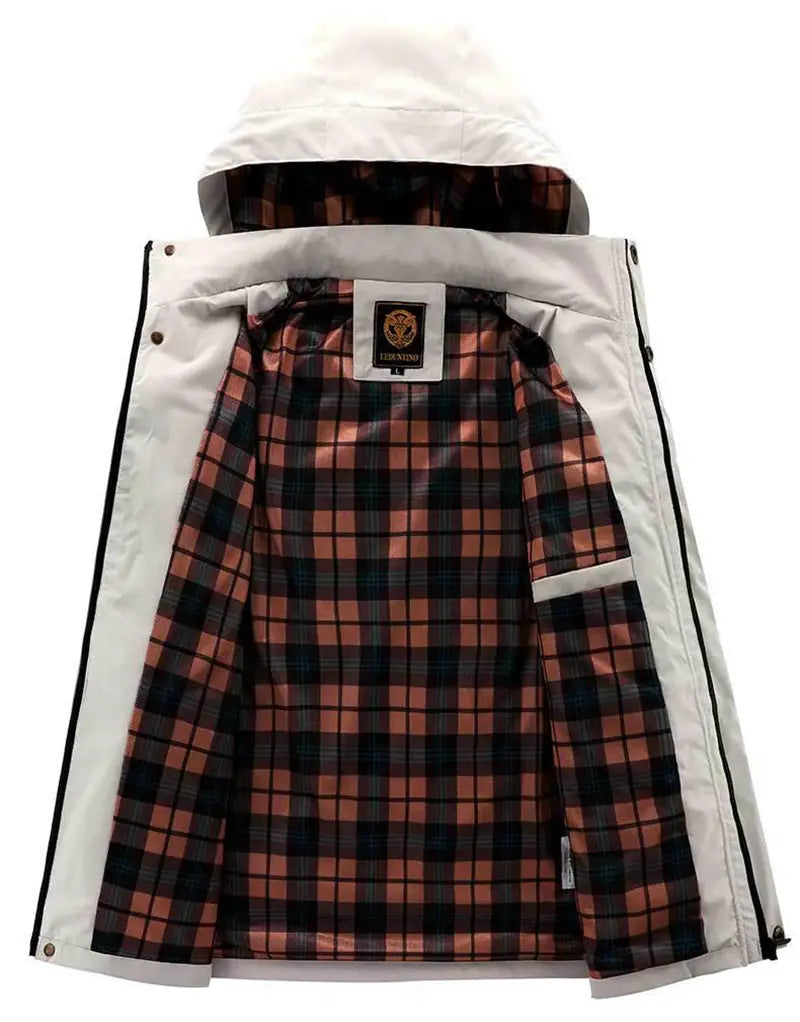 Men winter hooded parka coat in white with a red and black plaid lining and a branded label inside the collar.