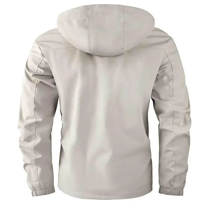 Men winter hooded parka coat in light gray with smooth water-resistant fabric and elastic cuffs.