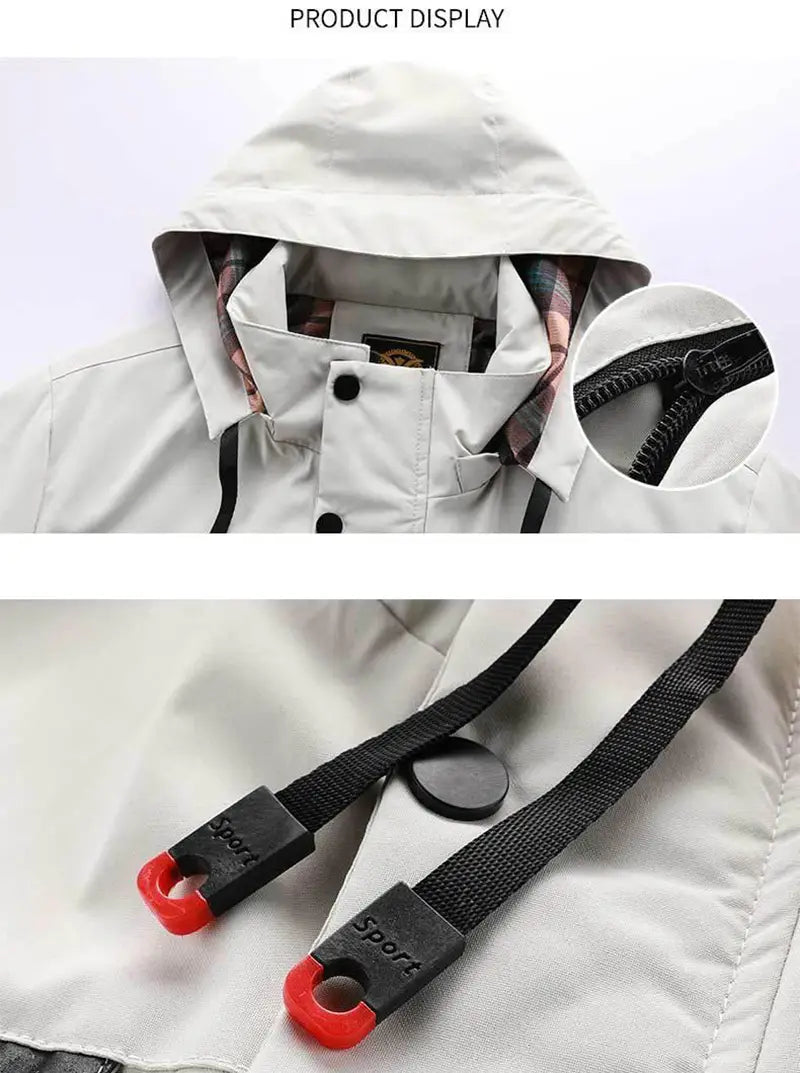 Men winter hooded parka coat in light gray waterproof material with black drawstrings red plastic toggles and plaid lining.