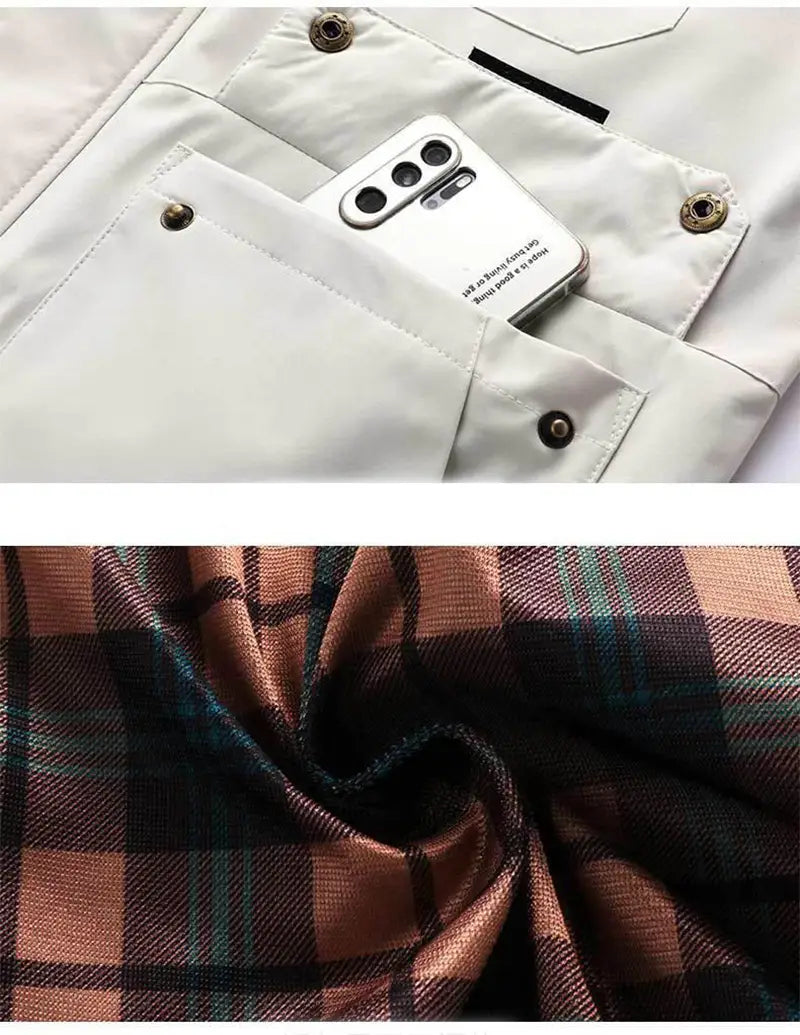 Men winter hooded parka coat in white utility fabric featuring metallic snap buttons and brown black teal plaid lining.
