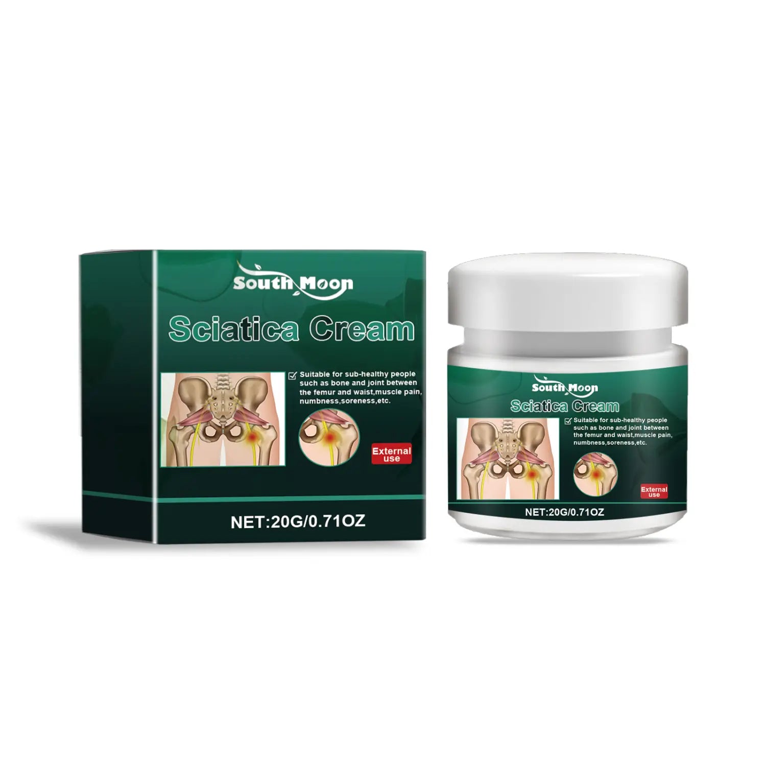Crema para la ciática de la luna del sur en un frasco blanco con etiqueta verde y caja a juego que contiene extracto herbario para uso externo, para aliviar el dolor.