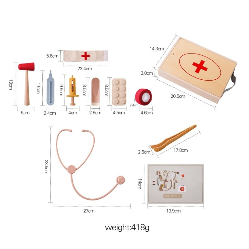 Set médico de juguete de madera con emblema de cruz roja y herramientas surtidas de silicona y madera para jugar a ser doctor, para niños.