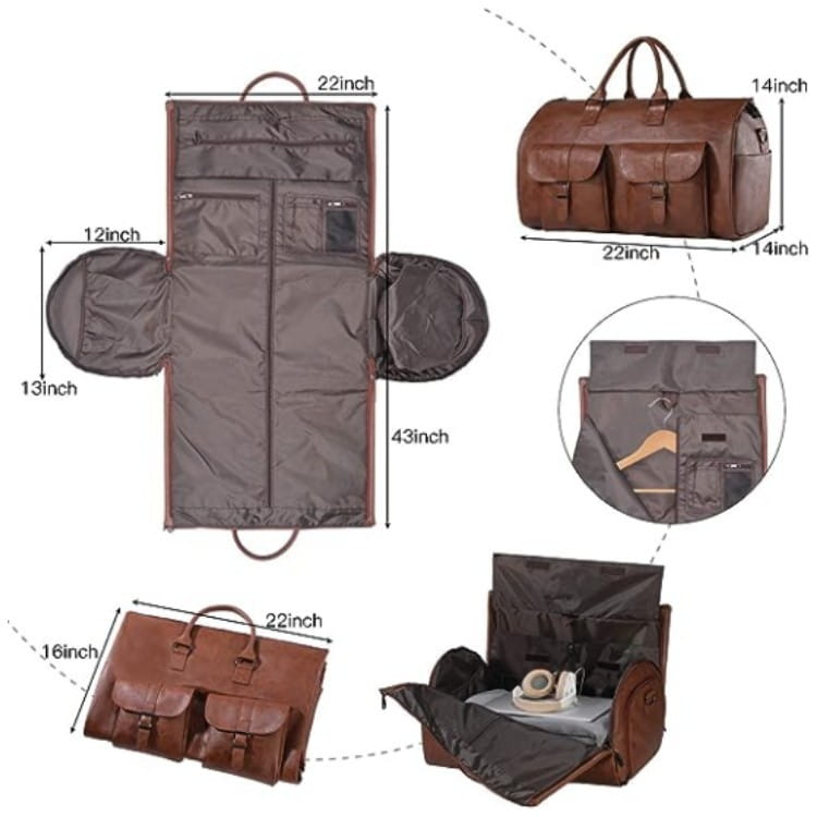 Brown leather garment bag with multiple compartments and a built-in hanger designed as a multifunctional canvas and leather folding travel duffel bag.