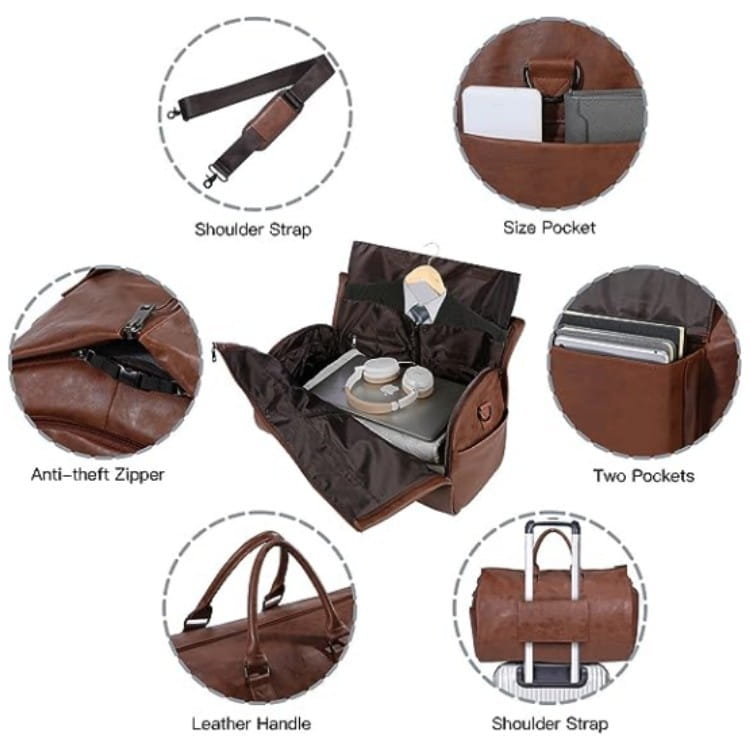 brown leather multifunctional canvas and leather folding travel duffel bag with multiple compartments and a retractable handle