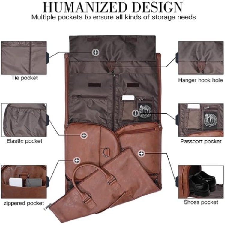 brown leather travel garment bag with multiple pockets and hanger hook designed as a multifunctional canvas and leather folding travel duffel bag