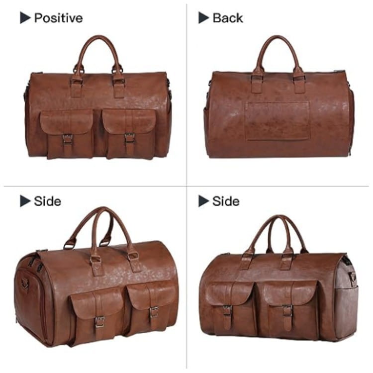 Brown leather multifunctional canvas and leather folding travel duffel bag with two front flap pockets and top handles.